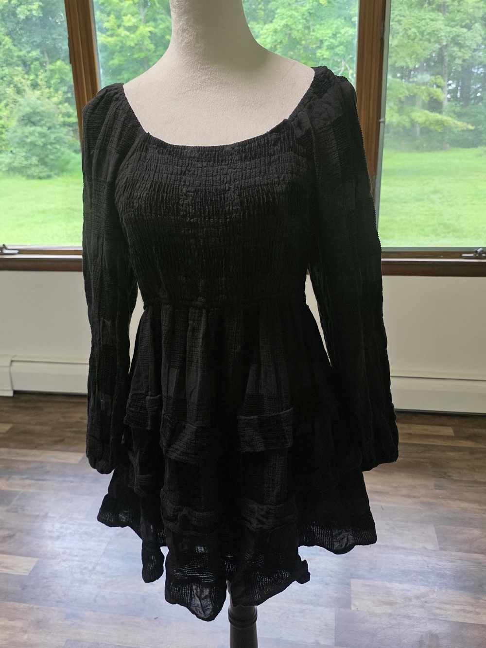 Altar'd State, Arula Black Long-Sleeve Smocked Tiered Mini Dress, Cotton, Lined